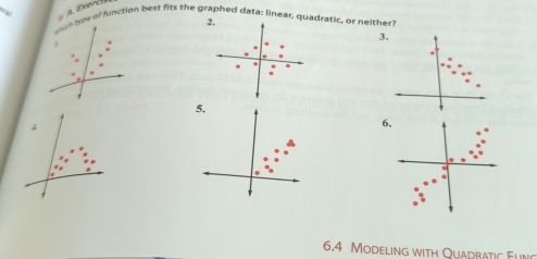 Exerc 
2. 
uh lype or function best fits the graphed data: linear, quadratic, or neither? 
3. 
. 
. 
5. 
6, 
= 
6.4 Modeling with Quadbatic Fun