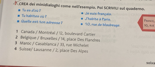 CREA dei minidialoghi come nell’esempio. Poi SCRIVILI sul quaderno.
Tu es d'ou ? Je suis français.
Tu habites où ? J'habite à Paris. France,
Quelle est ton adresse? 10, rue de Maubeuge. 10, RUE
1 Canada / Montréal / 12, boulevard Cartier
2 Belgique / Bruxelles / 14, place Des Flandres
3 Maroc / Casablanca / 33, rue Michelet
4 Suisse/ Lausanne / 2, place Des Alpes
soixa