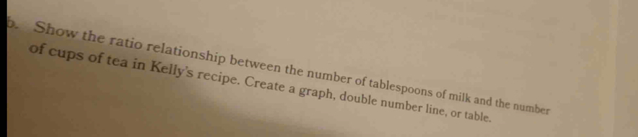 Show the ratio relationship between the number of tablespoons of milk and the number 
of cups of tea in Kelly's recipe. Create a graph, double number line, or table.