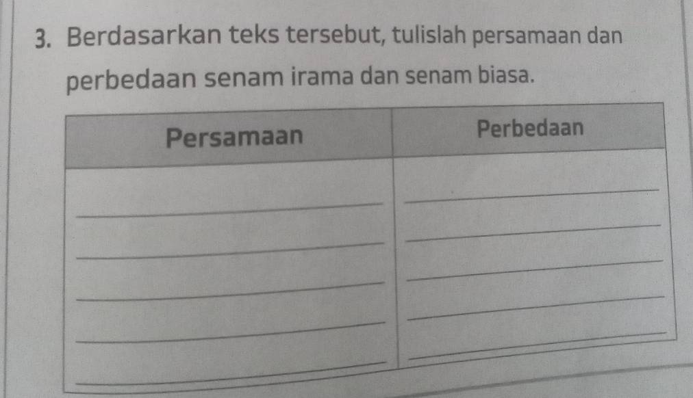 Berdasarkan teks tersebut, tulislah persamaan dan 
perbedaan senam irama dan senam biasa.