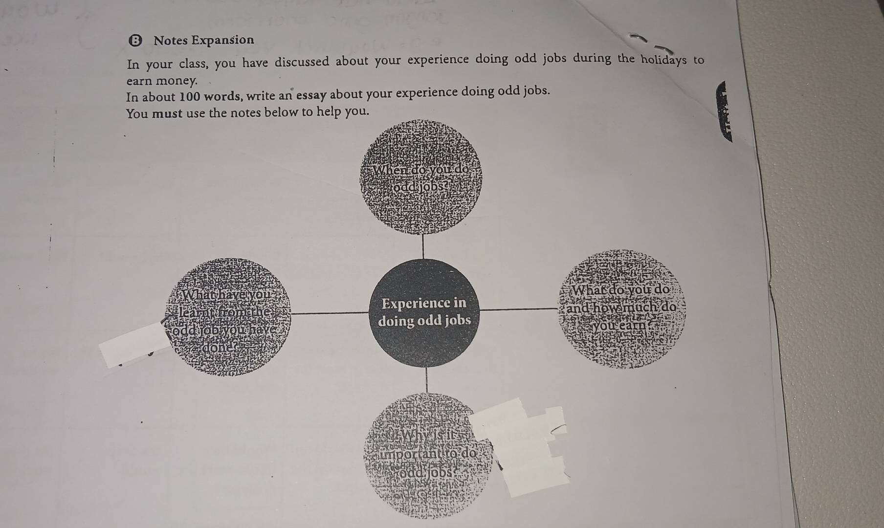 Notes Expansion 
In your class, you have discussed about your experience doing odd jobs during the holidays to 
earn money. 
In about 100 words, write an essay about your experience doing odd jobs.