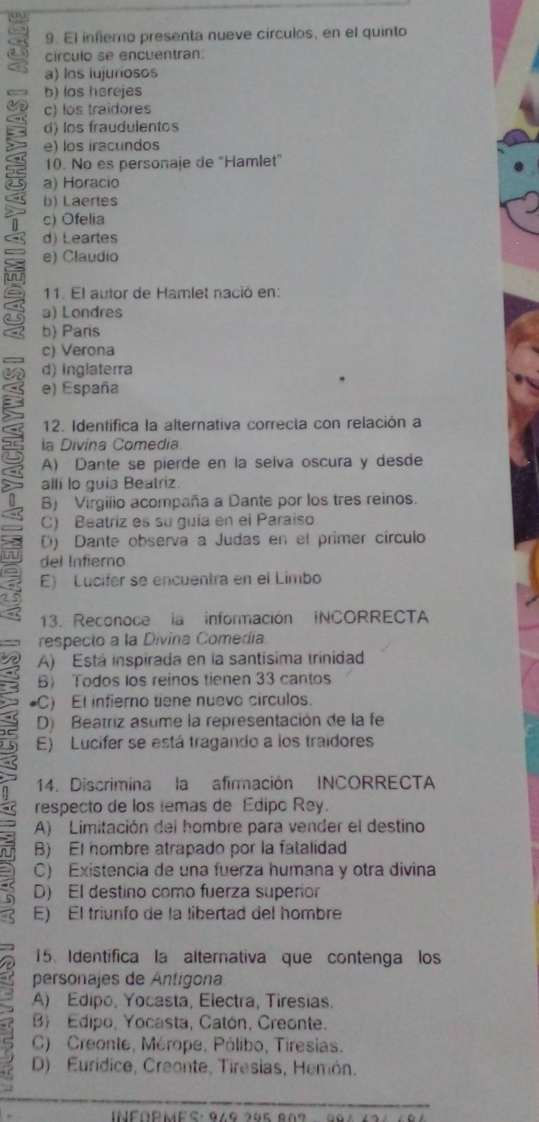 El infierno presenta nueve circulos, en el quinto
circulo se encuentran:
a) los lujuriosos
b) los herejes
c) los traidores
d) los fraudulentos
e) los iracundos
10. No es personaje de “Hamlet”
a) Horacio
b) Laerles
c) Ofelia
d) Leartes
e) Claudio
11. El autor de Hamlet nació en:
a) Londres
b) Paris
c) Verona
d) Inglaterra
e) España
12. Identifica la alternativa correcta con relación a
la Divina Comedia
A) Dante se pierde en la selva oscura y desde
alli lo guia Beatriz.
B) Virgilio acompaña a Dante por los tres reinos.
C) Beatriz es su guía en el Paraiso.
D) Dante observa a Judas en el primer círculo
dei Infierno
E) Lucifer se encuentra en el Limbo
13. Reconoce la información INCORRECTA
respecto a la Divina Comedia
A) Está inspirada en la santísima trinidad
B) Todos los reinos tienen 33 cantos
•C) El infierno tiene nuevo circulos.
D) Beatriz asume la representación de la fe
E) Lucifer se está tragando a los traidores
14. Discrimina la afirmación INCORRECTA
respecto de los temas de Edipo Rey.
A) Limitación del hombre para vender el destino
B) El hombre atrapado por la fatalidad
C) Existencia de una fuerza humana y otra divina
D) El destino como fuerza superior
E) El triunfo de la libertad del hombre
15. Identifica la alternativa que contenga los
personajes de Antígona
A) Edipo, Yocasta, Electra, Tiresias.
B) Edipo, Yocasta, Catón, Creonte.
C) Creonte, Mérope, Pólibo, Tiresias.
D) Eurídice, Creonte, Tiresias, Hemón.