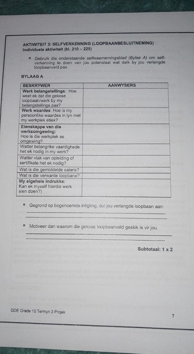 AKTIWITEIT 3: SELFVERKENNING (LOOPBAANBESLUITNEMING) 
Individuele aktiwiteit (bl. 210-22 5) 
Gebruik die onderstaande selfwaarnemingsblad (Bylae A) om self- 
verkenning te doen van jou potensiaal wat dalk by jou verlangde 
loopbaanveld pas. 
BYLAAG A 
* Gegrond op bogenoemde inligting, dui jou verlangde loopbaan aan: 
_ 
_ 
D Motiveer dan waarom die gekose loopbaanveld geskik is vir jou. 
_ 
_ 
Subtotaal: 1* 2
GDE Grade 10 Termyn 3 Projek 
7