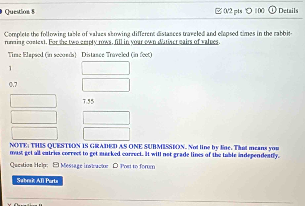つ 100 ⓘ Details 
Complete the following table of values showing different distances traveled and elapsed times in the rabbit- 
running context. For the two empty rows, fill in your own distinct pairs of values. 
Time Elapsed (in seconds) Distance Traveled (in feet) 
1
0.7
7.55
NOTE: THIS QUESTION IS GRADED AS ONE SUBMISSION. Not line by line. That means you 
must get all entries correct to get marked correct. It will not grade lines of the table independently. 
Question Help: - Message instructor D Post to forum 
Submit All Parts