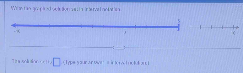 Write the graphed solution set in interval notation.
5
-10
0
10
The solution set is □. (Type your answer in interval notation.)