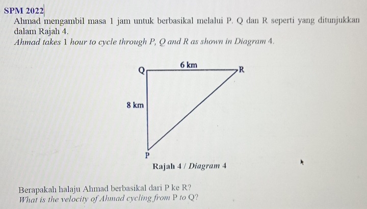 SPM 2022 
Ahmad mengambil masa 1 jam untuk berbasikal melalui P. Q dan R seperti yang ditunjukkan 
dalam Rajah 4. 
Ahmad takes 1 hour to cycle through P, Q and R as shown in Diagram 4. 
Rajah 4 / Diagram 4 
Berapakah halaju Ahmad berbasikal dari P ke R? 
What is the velocity of Ahmad cycling from P to Q?