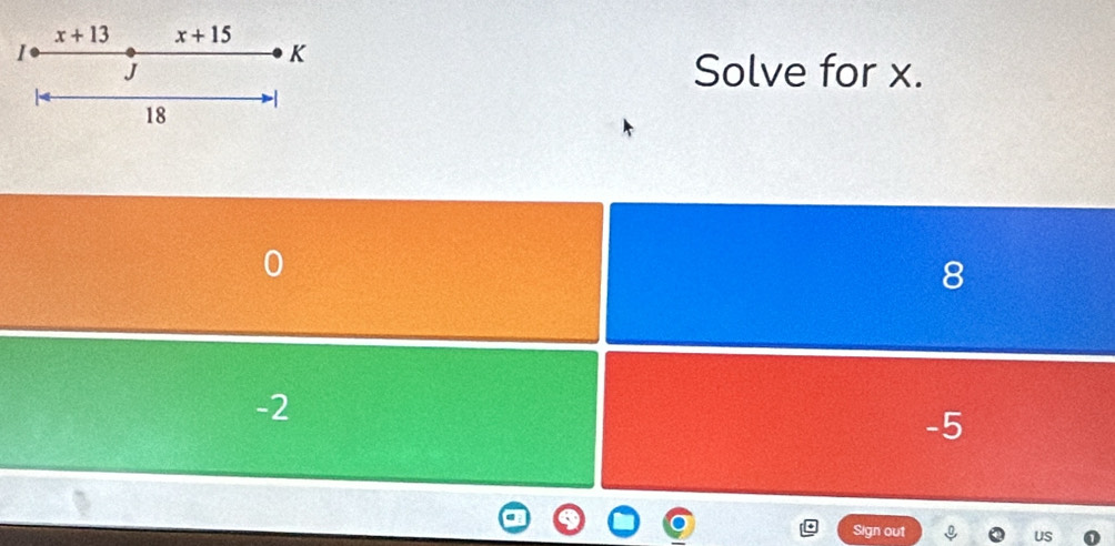 x+13 x+15
1
K
J Solve for x.
18
8
-2
-5
Sign out us