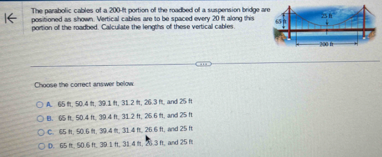 Solved: The parabolic cables of a 200-ft portion of the roadbed of a ...