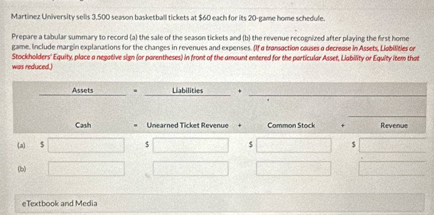 Martinez University sells 3,500 season basketball tickets at $60 each for its 20 -game home schedule. 
Prepare a tabular summary to record (a) the sale of the season tickets and (b) the revenue recognized after playing the first home 
game. Include margin explanations for the changes in revenues and expenses. (If a transaction causes a decrease in Assets, Liabilities or 
Stockholders' Equity, place a negative sign (or parentheses) in front of the amount entered for the particular Asset, Liability or Equity item that 
was reduced.)
cos e°2x_3,4) _ Assets=_ Llabilities +_ 
_ 
Cash Unearned Ticket Revenue + Common Stock + Revenue 
(a) $ $ □ $ $
(b) 
eTextbook and Media