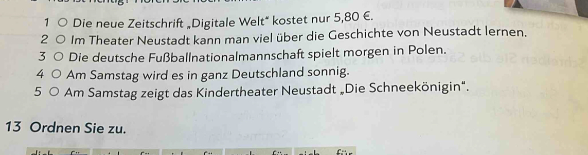 Die neue Zeitschrift „Digitale Welt“ kostet nur 5,80 €. 
2 Im Theater Neustadt kann man viel über die Geschichte von Neustadt lernen. 
3 Die deutsche Fußballnationalmannschaft spielt morgen in Polen. 
4 Am Samstag wird es in ganz Deutschland sonnig. 
5 Am Samstag zeigt das Kindertheater Neustadt „Die Schneekönigin“. 
13 Ordnen Sie zu.