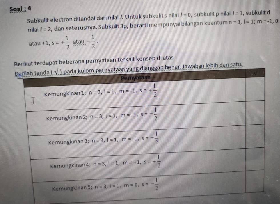 Soal : 4
Subkulit electron ditandai dari nilai /. Untuk subkulit s nilai I=0 , subkulit p nilai l=1 , subkulit d
nilai l=2 , dan seterusnya. Subkulit 3p, berarti mempunyai bilangan kuantum n=3,l=1;m=-1,0. atau +1,s=+ 1/2  atau - 1/2 ·
Berikut terdapat beberapa pernyataan terkait konsep di atas
satu.