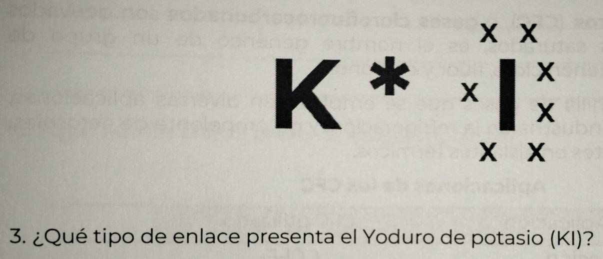 x x
x
X
x x
3. ¿Qué tipo de enlace presenta el Yoduro de potasio (KI)?