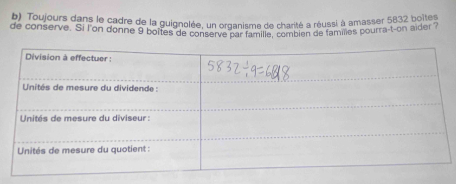 Toujours dans le cadre de la guignolée, un organisme de charité a réussi à amasser 5832 boîtes 
de conserve. Si l'on donne 9 boîtes de conserve par famille, combien de familles pourra-t-on aider ?