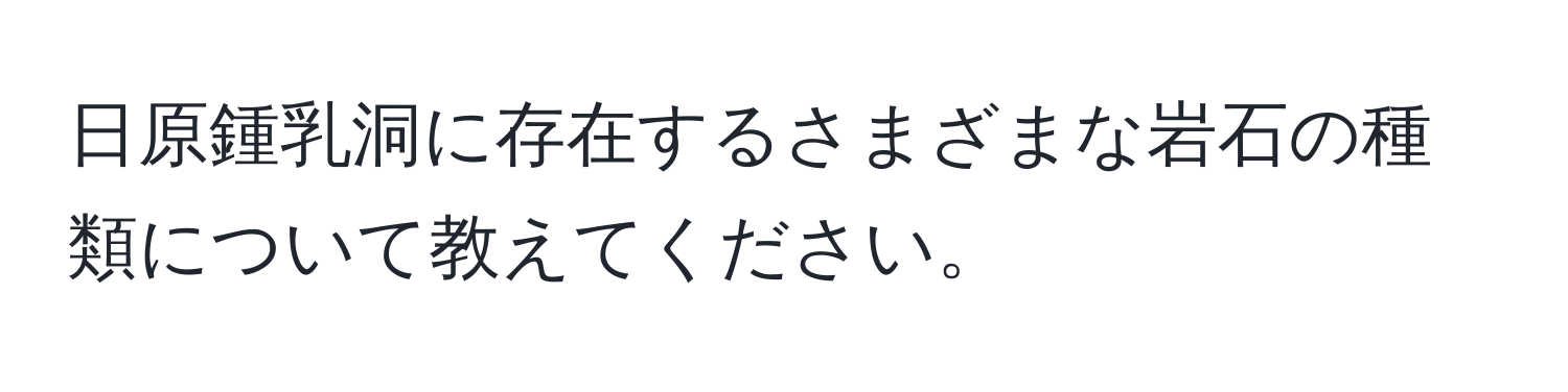 日原鍾乳洞に存在するさまざまな岩石の種類について教えてください。