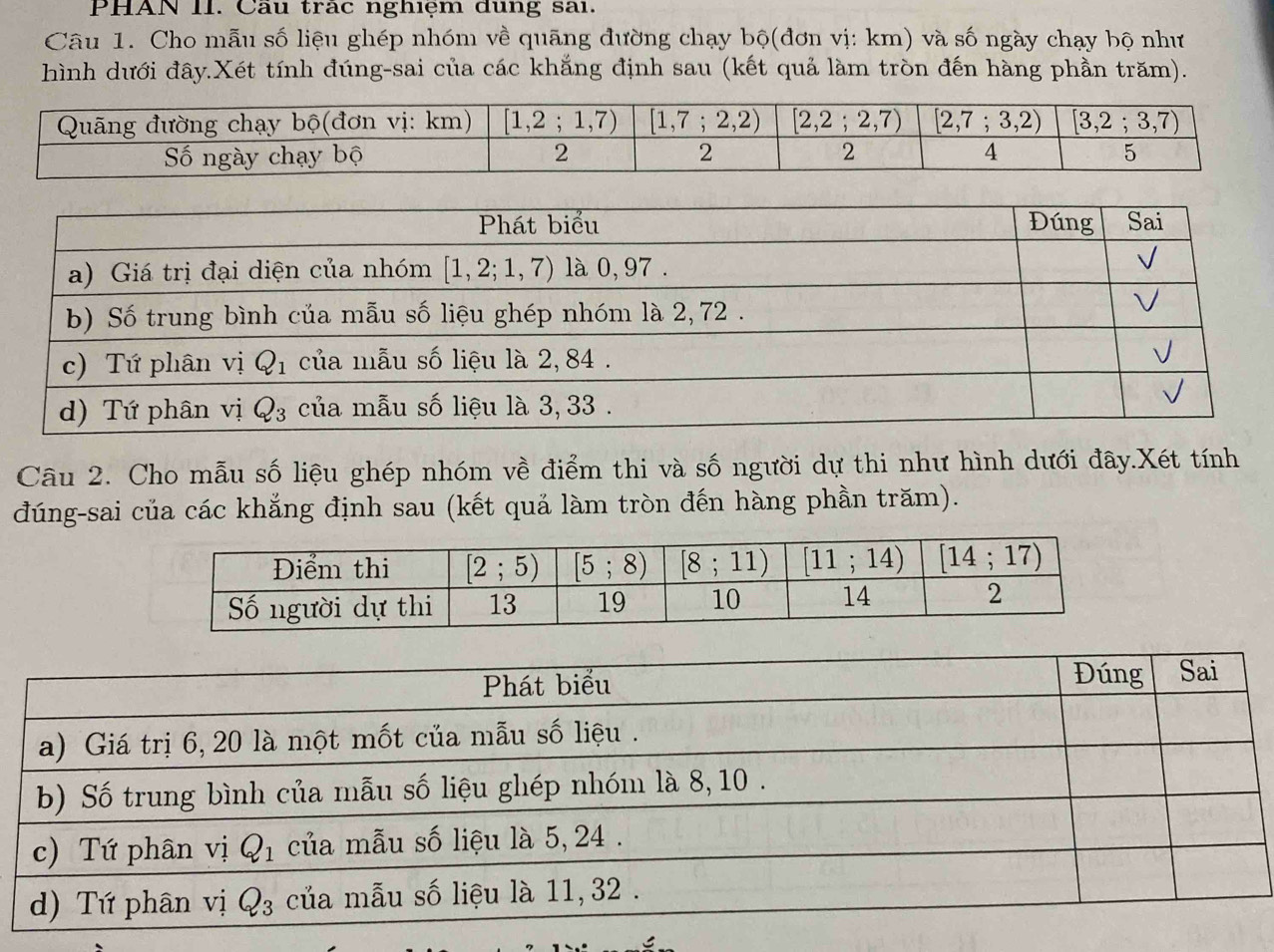 PHAN II. Câu trac nghiệm dụng sai.
Câu 1. Cho mẫu số liệu ghép nhóm về quãng đường chạy bộ(đơn vị: km) và số ngày chạy bộ như
hình dưới đây.Xét tính đúng-sai của các khẳng định sau (kết quả làm tròn đến hàng phần trăm).
Câu 2. Cho mẫu số liệu ghép nhóm về điểm thi và số người dự thi như hình dưới đây.Xét tính
đúng-sai của các khẳng định sau (kết quả làm tròn đến hàng phần trăm).