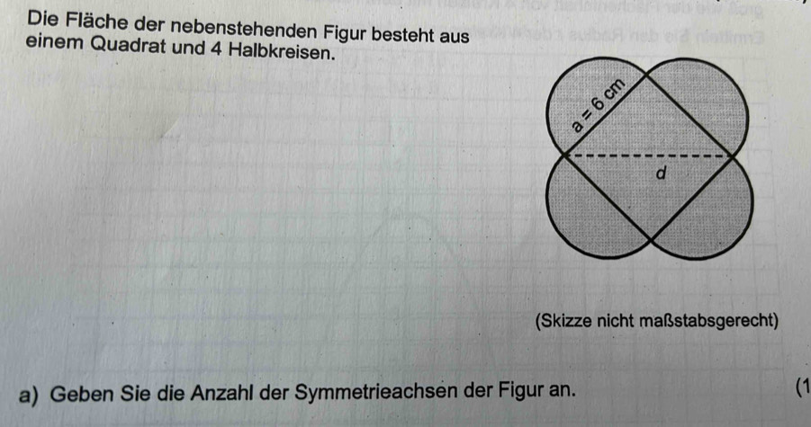 Die Fläche der nebenstehenden Figur besteht aus
einem Quadrat und 4 Halbkreisen.
(Skizze nicht maßstabsgerecht)
a) Geben Sie die Anzahl der Symmetrieachsen der Figur an.
(1