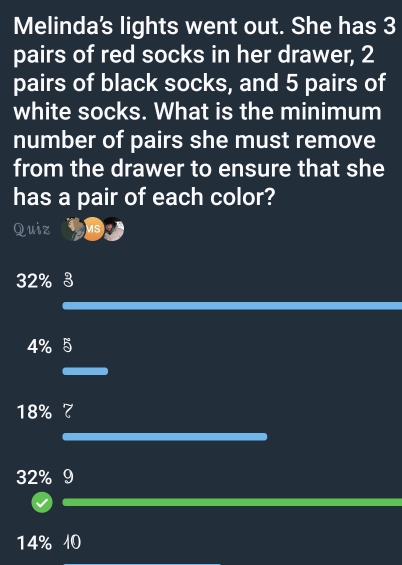 Melinda's lights went out. She has 3
pairs of red socks in her drawer, 2
pairs of black socks, and 5 pairs of 
white socks. What is the minimum 
number of pairs she must remove 
from the drawer to ensure that she 
has a pair of each color? 
Quiz MS
32% 3
4% 5
18% 7
32% 9
14% l0