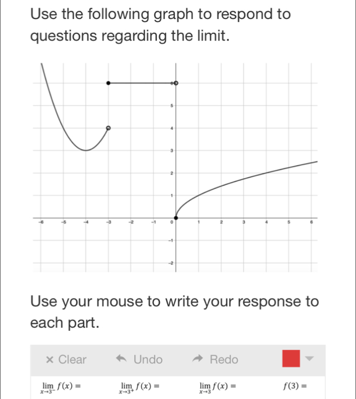 Use the following graph to respond to 
questions regarding the limit. 
Use your mouse to write your response to 
each part. 
Clear Undo Redo
limlimits _xto 3^-f(x)= limlimits _xto 3^+f(x)= limlimits _xto 3f(x)= f(3)=