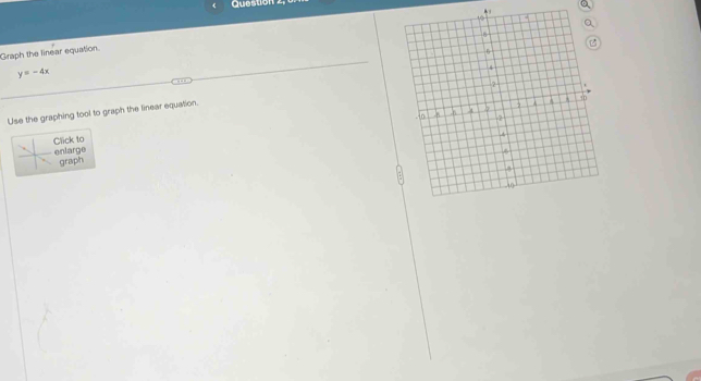 Quesu on z 

Graph the linear equation
y=-4x
Use the graphing tool to graph the linear equation. 
Click to enlarge 
graph