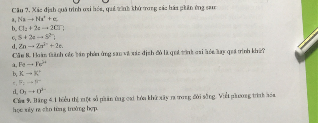 Xác định quá trình oxi hóa, quá trình khử trong các bán phản ứng sau:
a, Nato Na^++e; 
b, Cl_2+2eto 2Cl^-.
c, S+2eto S^(2-);
d, Znto Zn^(2+)+2e. 
Câu 8. Hoàn thành các bán phản ứng sau và xác định đó là quá trình oxi hóa hay quá trình khử?
a Feto Fe^(3+)
b. Kto K^+
c, F_2to F
d,O_2to O^(2-)
Câu 9. Bảng 4.1 biểu thị một số phản ứng oxi hóa khử xảy ra trong đời sống. Viết phương trình hóa
học xảy ra cho từng trường hợp.