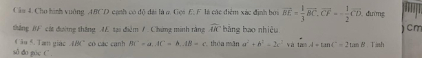 Cho hình vuông ABCD cạnh có độ dài là a. Gọi E; F là các điểm xác định bởi vector BE= 1/3 vector BC, vector CF=- 1/2 vector CD. dường 
thăng BF cát đường thăng AE tại điêm / . Chứng minh răng widehat AIC bằng bao nhiêu. ) cm
Câu 5. Tam giác ABC có các cạnh BC=a. AC=b. AB=c thỏa mãn a^2+b^2=2c^2 và tan A+tan C=2tan B. Tinh 
số đo gúc C.