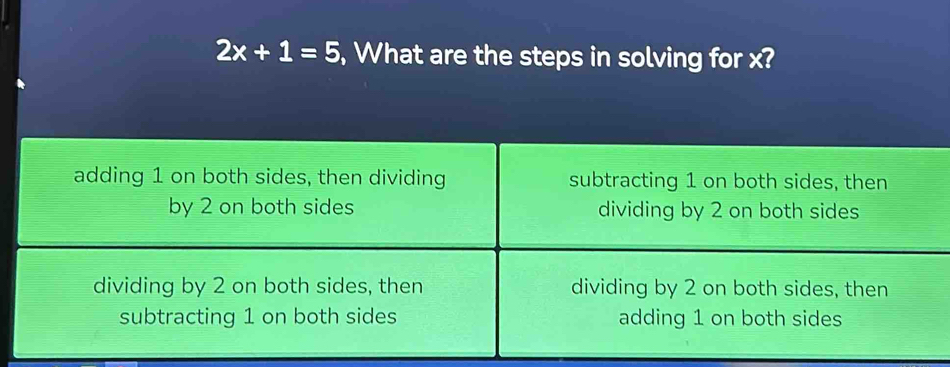 2x+1=5 , What are the steps in solving for x?