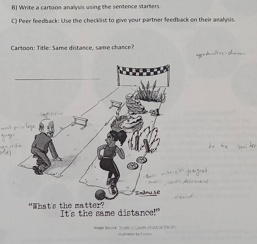 Write a cartoon analysis using the sentence starters. 
C) Peer feedback: Use the checklist to give your partner feedback on their analysis. 
Cartoon: Title: Same distance, same chance? 
“What's the matter? 
It's the same distance!" 
Image Source Tompkins County Structural Racism 
Illustration by Em