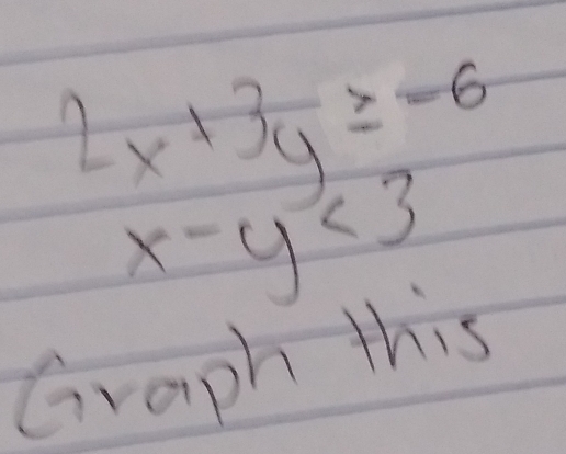 2x+3y≥ -6
x-y<3</tex> 
Graph this