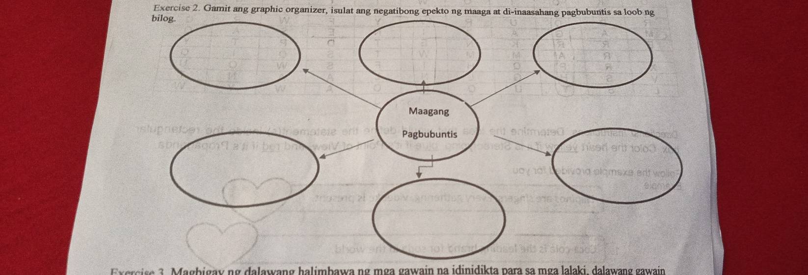 Gamit ang graphic organizer, isulat ang negatibong epekto ng maaga at di-inaasahang pagbubuntis sa loob ng 
Exercise 3 Magbigay ng dalawang halimbawang mẹa gawain na idinidikta para sa mga lalaki, dalawang gawain