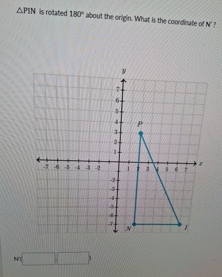 △ PIN is rotated 180° about the origin. What is the coordinate of N' 7
N(□ ,□ )