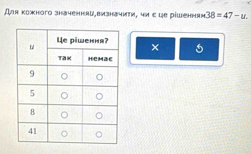 Для кожного значенняи,визначити, чи εце рίшенням 38=47-u. 
×