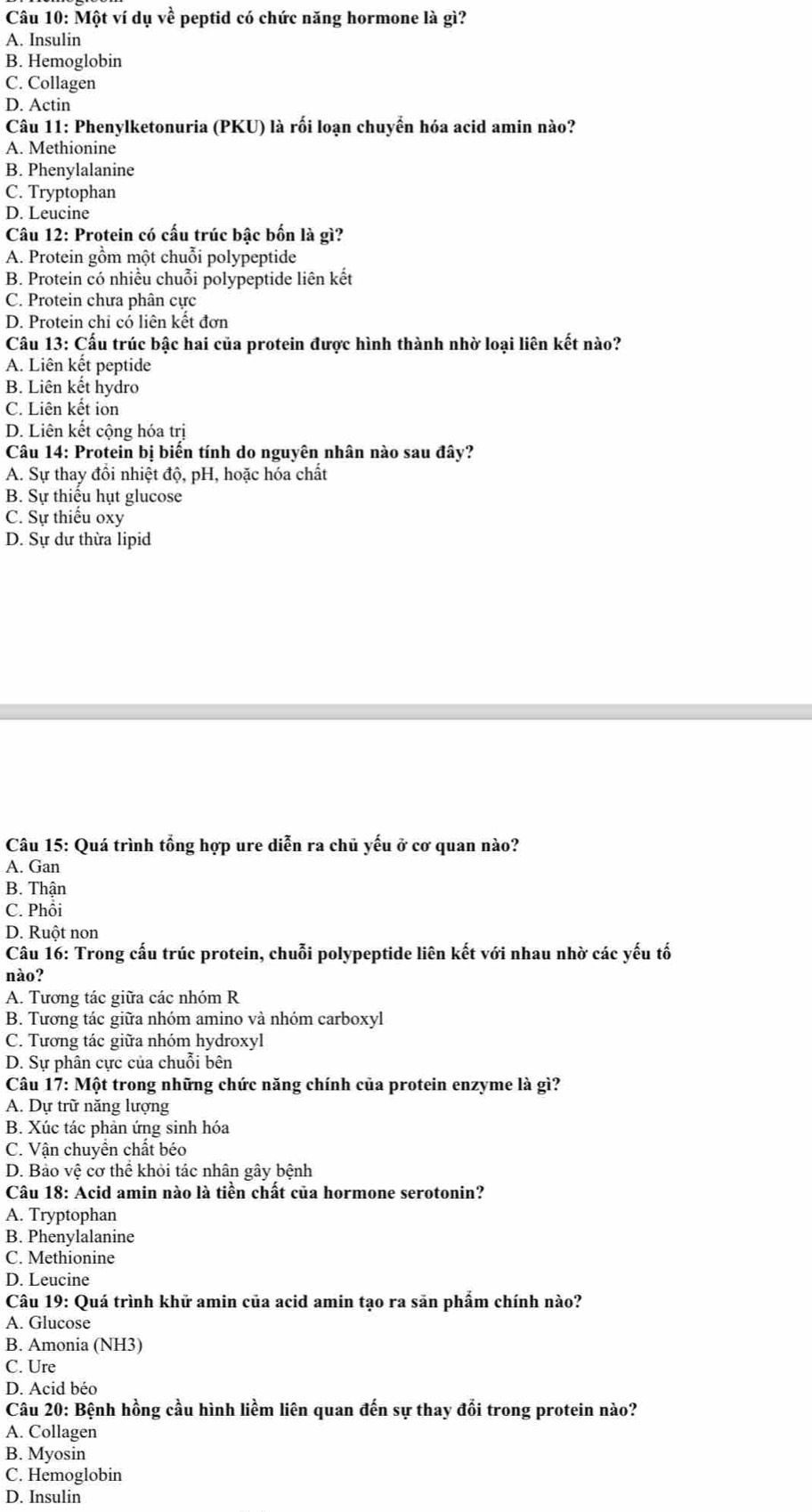 Một ví dụ về peptid có chức năng hormone là gì?
A. Insulin
B. Hemoglobin
C. Collagen
D. Actin
Câu 11: Phenylketonuria (PKU) là rối loạn chuyển hóa acid amin nào?
A. Methionine
B. Phenylalanine
C. Tryptophan
D. Leucine
Câu 12: Protein có cấu trúc bậc bốn là gì?
A. Protein gồm một chuỗi polypeptide
B. Protein có nhiều chuỗi polypeptide liên kết
C. Protein chưa phân cực
D. Protein chỉ có liên kết đơn
Câu 13: Cấu trúc bậc hai của protein được hình thành nhờ loại liên kết nào?
A. Liên kết peptide
B. Liên kết hydro
C. Liên kết ion
D. Liên kết cộng hóa trị
Câu 14: Protein bị biển tính do nguyên nhân nào sau đây?
A. Sự thay đồi nhiệt độ, pH, hoặc hóa chất
B. Sự thiếu hụt glucose
C. Sự thiếu oxy
D. Sự dự thừa lipid
Câu 15: Quá trình tổng hợp ure diễn ra chủ yếu ở cơ quan nào?
A. Gan
B. Thận
C. Phỗi
D. Ruột non
Câu 16: Trong cấu trúc protein, chuỗi polypeptide liên kết với nhau nhờ các yếu tố
nào?
A. Tương tác giữa các nhóm R
B. Tương tác giữa nhóm amino và nhóm carboxyl
C. Tương tác giữa nhóm hydroxyl
D. Sự phân cực của chuỗi bên
Câu 17: Một trong những chức năng chính của protein enzyme là gì?
A. Dự trữ năng lượng
B. Xúc tác phản ứng sinh hóa
C. Vận chuyên chất béo
D. Bảo vệ cơ thể khỏi tác nhân gây bệnh
Câu 18: Acid amin nào là tiền chất của hormone serotonin?
A. Tryptophan
B. Phenylalanine
C. Methionine
D. Leucine
Câu 19: Quá trình khữ amin của acid amin tạo ra săn phẩm chính nào?
A. Glucose
B. Amonia (NH3)
C. Ure
D. Acid béo
Câu 20: Bệnh hồng cầu hình liềm liên quan đến sự thay đổi trong protein nào?
A. Collagen
B. Myosin
C. Hemoglobin
D. Insulin