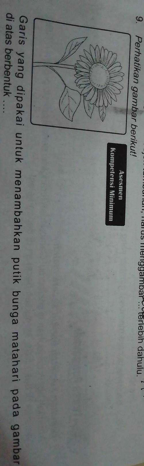 arus menggambar . terlebih dahulu. 
9. Perhatikan gambar bikut! 
Asesmen 
Kompetensi Minimum 
Garis yang dipakai untuk menambahkan putik bunga matahari pada gambar 
di atas berbentuk ....