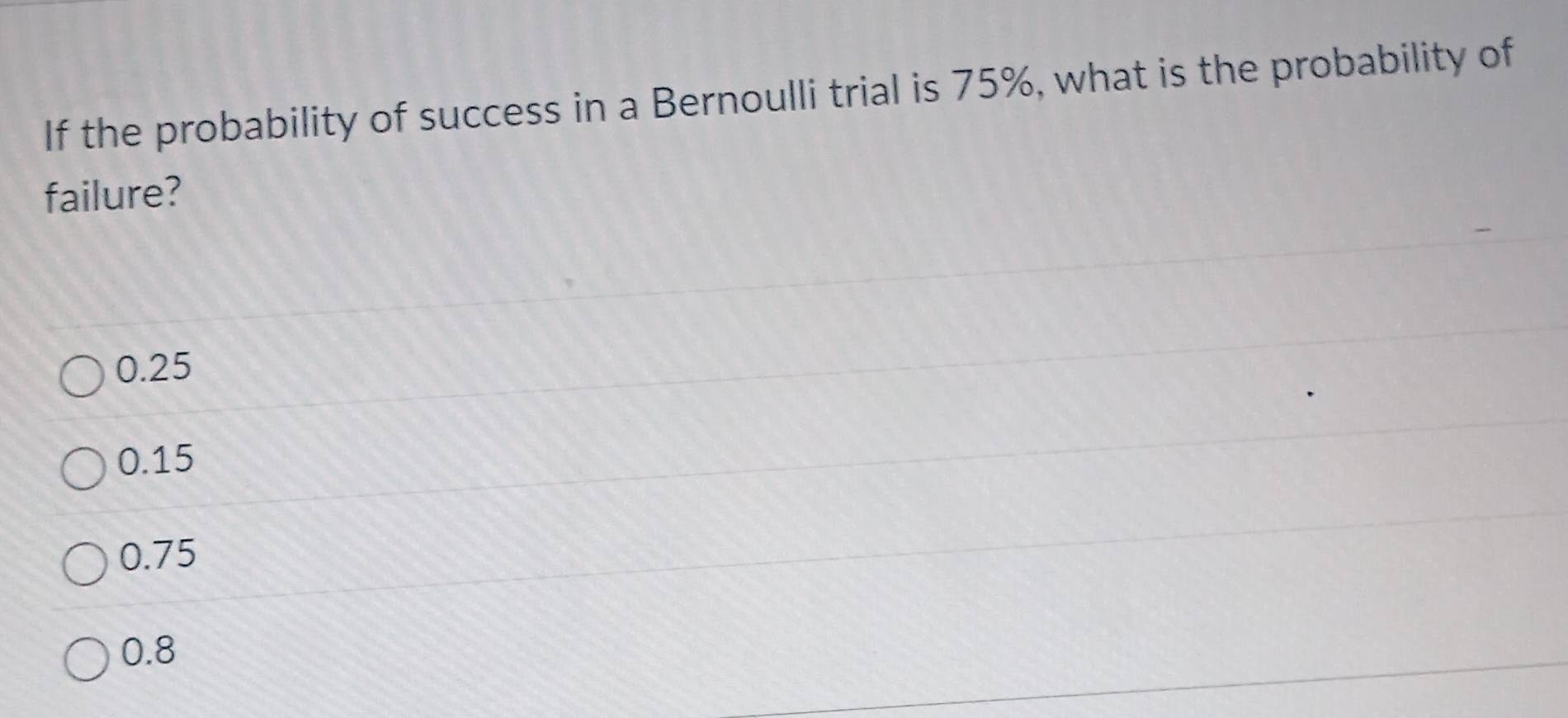 If the probability of success in a Bernoulli trial is 75%, what is the probability of
failure?
0.25
0.15
0.75
0.8