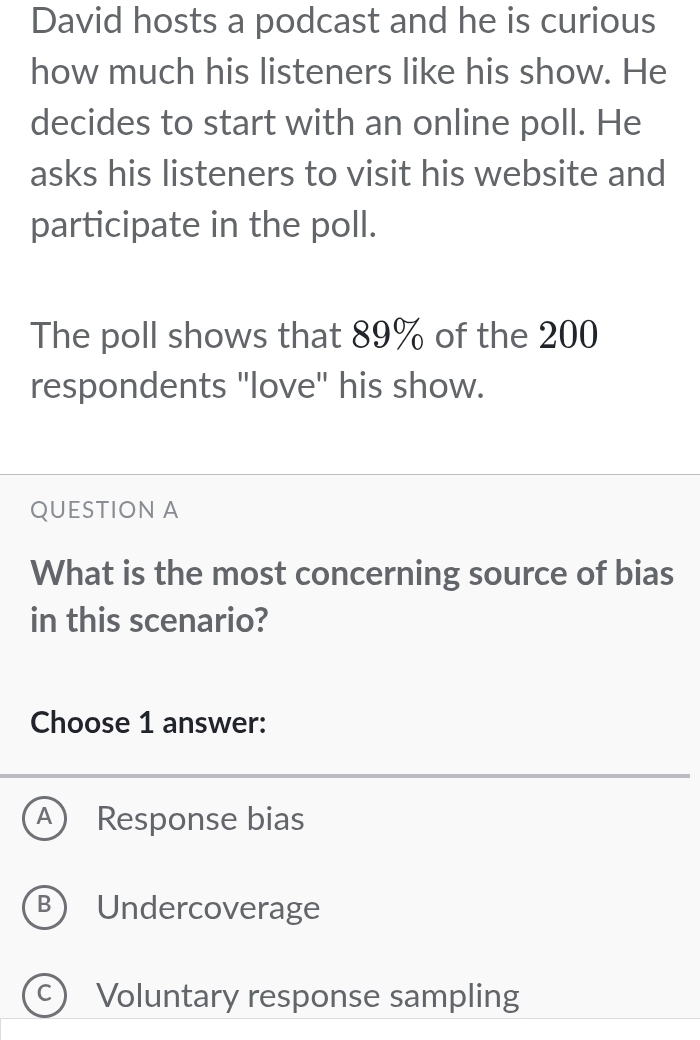 David hosts a podcast and he is curious
how much his listeners like his show. He
decides to start with an online poll. He
asks his listeners to visit his website and
participate in the poll.
The poll shows that 89% of the 200
respondents "love" his show.
QUESTION A
What is the most concerning source of bias
in this scenario?
Choose 1 answer:
A Response bias
B Undercoverage
C Voluntary response sampling