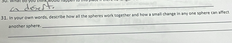 What do you think would happen to t 
_ 
_ 
31. In your own words, describe how all the spheres work together and how a small change in any one sphere can affect 
_ 
another sphere.