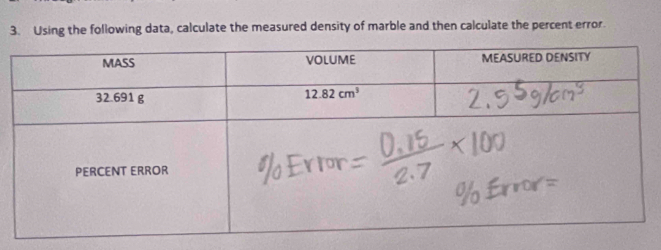 Using the following data, calculate the measured density of marble and then calculate the percent error