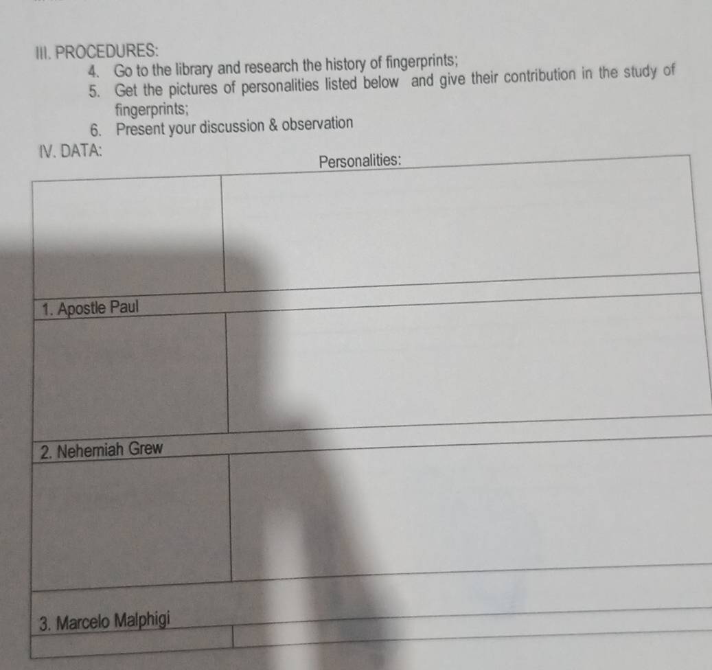 PROCEDURES: 
4. Go to the library and research the history of fingerprints; 
5. Get the pictures of personalities listed below and give their contribution in the study of 
fingerprints; 
6. Present your discussion & observation