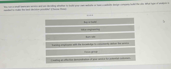 You run a small lawncare service and are deciding whether to build your own website or have a website design company build the site. What type of analysis is
needed to make the best decision possible? (Choose three)
Buy or build
Value engineering
Burn rate
Training employees with the knowledge to consistently deliver the service.
Focus group
Creating an effective demonstration of your service for potential customers.