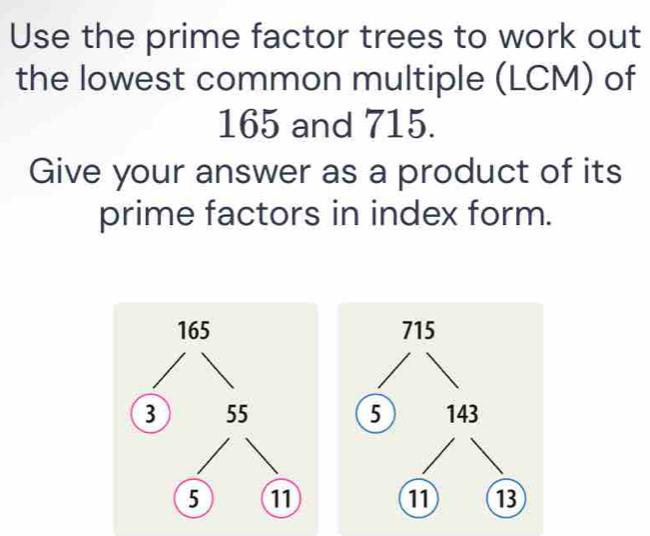 Use the prime factor trees to work out 
the lowest common multiple (LCM) of
165 and 715. 
Give your answer as a product of its 
prime factors in index form.