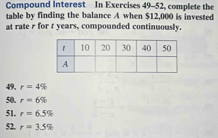 Solved: Compound Interest In Exercises 49-52, complete the table by ...