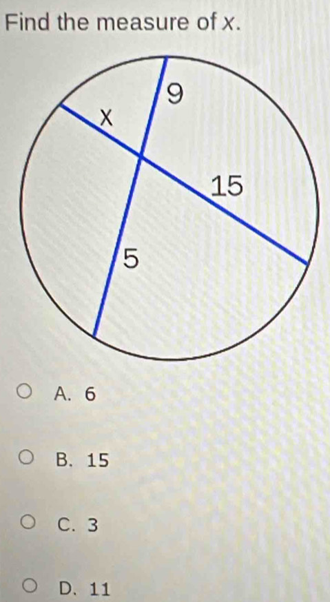 Find the measure of x.
A. 6
B. 15
C. 3
D. 11