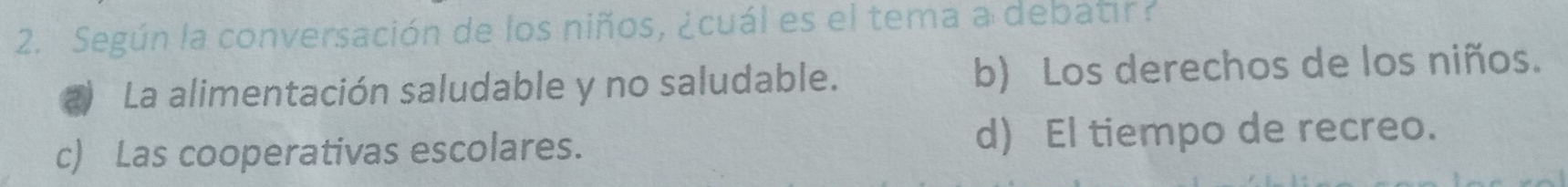 Según la conversación de los niños, ¿cuál es el tema a debatir?
2) La alimentación saludable y no saludable. b) Los derechos de los niños.
c) Las cooperativas escolares. d) El tiempo de recreo.