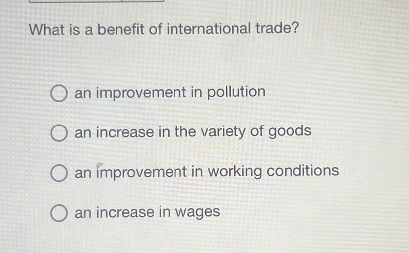 What is a benefit of international trade?
an improvement in pollution
an increase in the variety of goods
an improvement in working conditions
an increase in wages