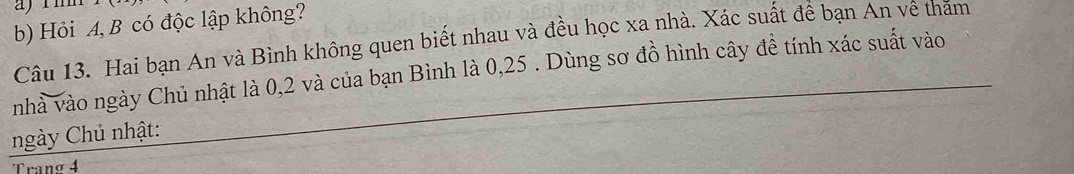 Hỏi A, B có độc lập không? 
Câu 13. Hai bạn An và Bình không quen biết nhau và đều học xa nhà. Xác suất để bạn An vê thăm 
nhà vào ngày Chủ nhật là 0,2 và của bạn Bình là 0, 25. Dùng sơ đồ hình cây đề tính xác suất vào 
ngày Chủ nhật: 
Trang 4