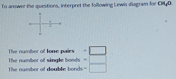 To answer the questions, interpret the following Lewis diagram for CH_4O. 
The number of Ione pairs =□
The number of single ∠ onds =□
The number of double bonds =□