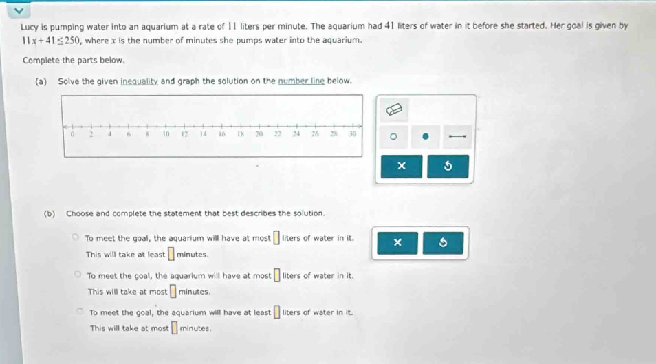 Lucy is pumping water into an aquarium at a rate of 11 liters per minute. The aquarium had 41 liters of water in it before she started. Her goal is given by
11x+41≤ 250 , where x is the number of minutes she pumps water into the aquarium.
Complete the parts below.
(a) Solve the given inequality and graph the solution on the number line below.
×
(b) Choose and complete the statement that best describes the solution.
To meet the goal, the aquarium will have at most □ liters of water in it. x
This will take at least □ minutes.
To meet the goal, the aquarium will have at most □ liters of water in it.
This will take at most □ minutes.
To meet the goal, the aquarium will have at least □ liters of water in it.
This will take at most □ minutes.