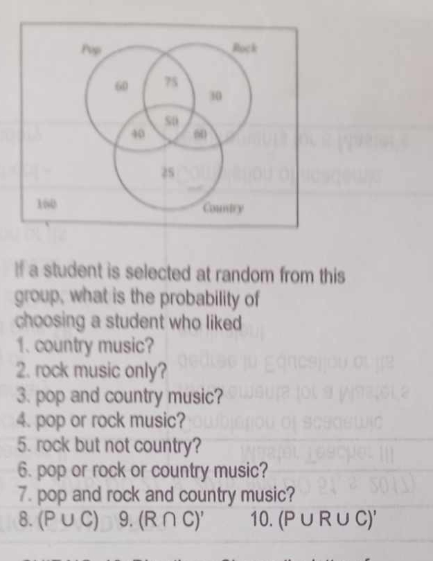 Pup Rock
60 75
30
5o
40 60
25
160 Country 
If a student is selected at random from this 
group, what is the probability of 
choosing a student who liked 
1. country music? 
2. rock music only? 
3. pop and country music? 
4. pop or rock music? 
5. rock but not country? 
6. pop or rock or country music? 
7. pop and rock and country music? 
8. (P∪ C) 9. (R∩ C)' 10. (P∪ R∪ C)'