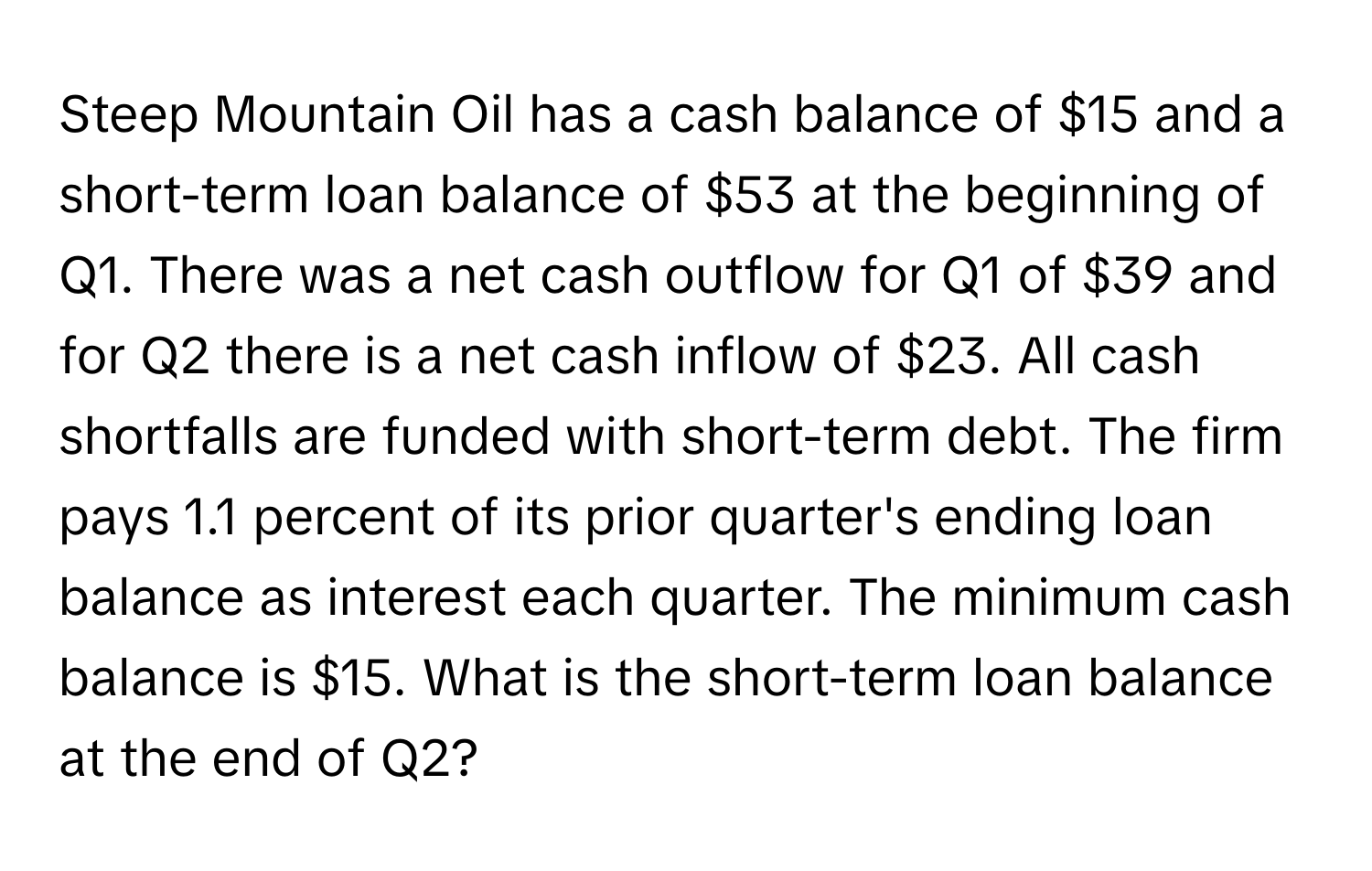 Steep Mountain Oil has a cash balance of $15 and a short-term loan balance of $53 at the beginning of Q1. There was a net cash outflow for Q1 of $39 and for Q2 there is a net cash inflow of $23. All cash shortfalls are funded with short-term debt. The firm pays 1.1 percent of its prior quarter's ending loan balance as interest each quarter. The minimum cash balance is $15. What is the short-term loan balance at the end of Q2?