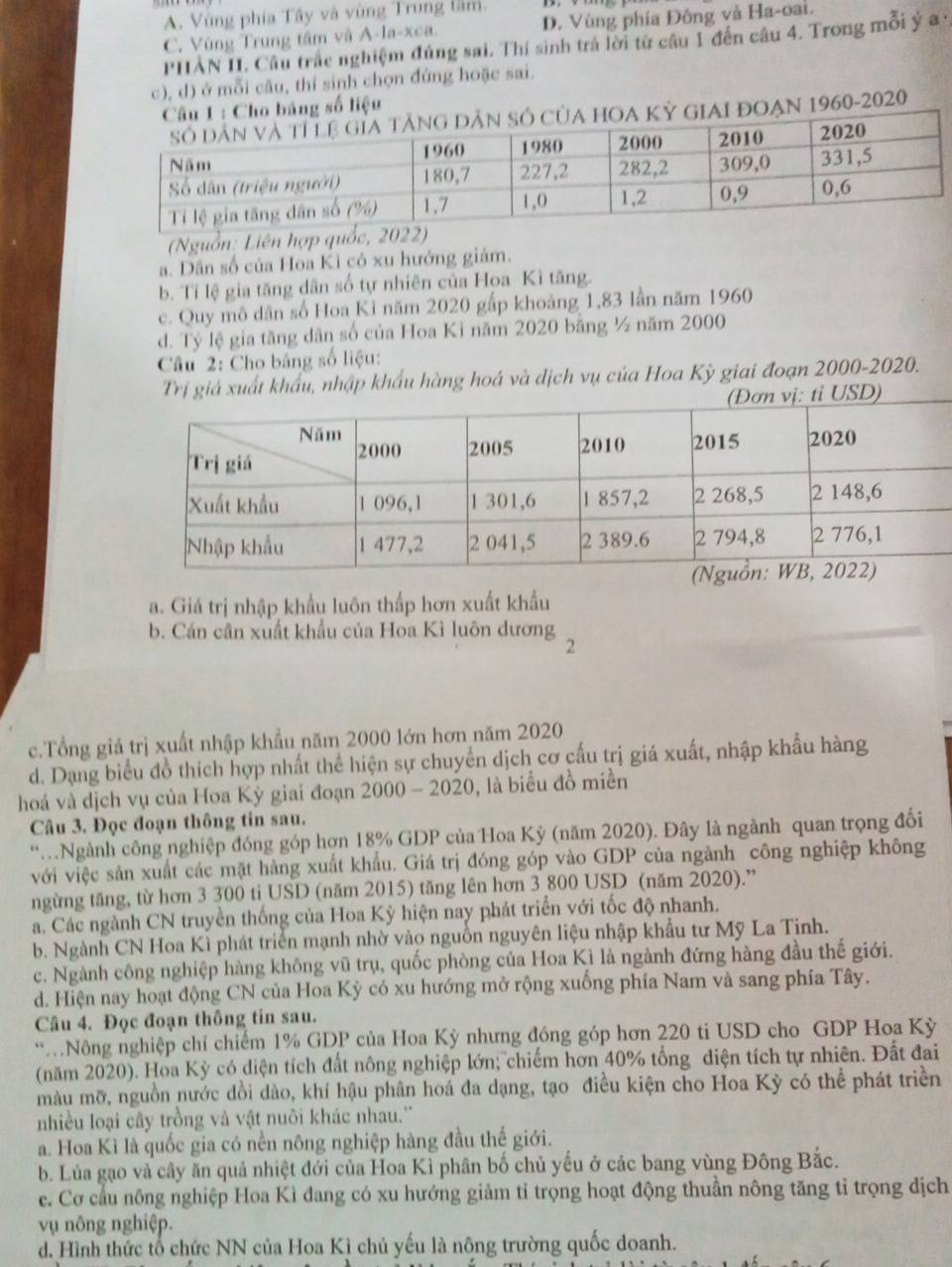 A. Vùng phía Tây và vùng Trung tâm
C. Vùng Trung tâm và A-la-xca. D. Vùng phía Đông và Ha-oai.
PHAN II. Câu trắc nghiệm đúng sai. Thí sinh trả lời từ câu 1 đến câu 4. Trong mỗi ý a 
c), d) ở mỗi câu, thí sinh chọn đứng hoặc sai.
Câu 1 : Cho bảng số liệu
hOa Kỳ giai đoạn 1960-2020
(Nguồn: Liên hợp quốc, 2022)
a. Dân số của Hoa Kì có xu hướng giám.
b. Tỉ lệ gia tăng dân số tự nhiên của Hoa Kì tăng.
c. Quy mô dân số Hoa Kỉ năm 2020 gấp khoảng 1,83 lần năm 1960
d. Tỷ lệ gia tăng dân số của Hoa Kì năm 2020 bằng ½ năm 2000
Câu 2: Cho bảng số liệu:
Trị giá xuất khẩu, nhập khẩu hàng hoá và dịch vụ của Hoa Kỳ giai đoạn 2000-2020.
a. Giá trị nhập khẩu luôn thấp hơn xuất khẩu
b. Cán cân xuất khẩu của Hoa Kì luôn dương
2
c.Tổng giá trị xuất nhập khẩu năm 2000 lớn hơn năm 2020
d. Dạng biểu đồ thích hợp nhất thể hiện sự chuyển dịch cơ cấu trị giá xuất, nhập khẩu hàng
hoá và dịch vụ của Hoa Kỳ giai đoạn 2000 - 2020, , là biểu đồ miền
Câu 3. Đọc đoạn thông tin sau.
.Ngành công nghiệp đóng góp hợn 18% GDP của Hoa Kỳ (năm 2020). Đây là ngành quan trọng đổi
với việc sản xuất các mặt hàng xuất khẩu. Giá trị đóng góp vào GDP của ngành công nghiệp không
ngừng tăng, từ hơn 3 300 ti USD (năm 2015) tăng lên hơn 3 800 USD (năm 2020).”
a. Các ngành CN truyền thống của Hoa Kỳ hiện nay phát triển với tốc độ nhanh.
b. Ngành CN Hoa Kì phát triển mạnh nhờ vào nguồn nguyên liệu nhập khẩu tư Mỹ La Tinh.
c. Ngành công nghiệp hàng không vũ trụ, quốc phòng của Hoa Kì là ngành đứng hàng đầu thế giới.
d. Hiện nay hoạt động CN của Hoa Kỳ có xu hướng mở rộng xuống phía Nam và sang phía Tây.
Câu 4. Đọc đoạn thông tin sau.
Nông nghiệp chỉ chiếm 1% GDP của Hoa Kỳ nhưng đóng góp hơn 220 ti USD cho GDP Hoa Kỳ
(năm 2020). Hoa Kỳ có diện tích đất nông nghiệp lớn; chiếm hơn 40% tổng diện tích tự nhiên. Đất đai
màu mỡ, nguồn nước dồi dào, khí hậu phân hoá đa dạng, tạo điều kiện cho Hoa Kỳ có thể phát triền
nhiều loại cây trồng và vật nuôi khác nhau.''
a. Hoa Kì là quốc gia có nền nông nghiệp hàng đầu thế giới.
b. Lủa gạo và cây ăn quả nhiệt đới của Hoa Kì phân bố chủ yếu ở các bang vùng Đông Bắc.
e. Cơ cầu nông nghiệp Hoa Kì đang có xu hướng giảm tỉ trọng hoạt động thuần nông tăng tỉ trọng địch
vụ nông nghiệp.
d. Hình thức tổ chức NN của Hoa Kì chủ yếu là nông trường quốc doanh.